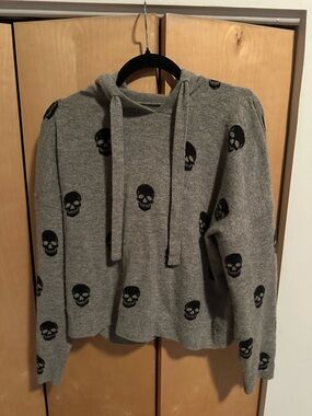 Aqua Gray Skull Print Hooded Sweater